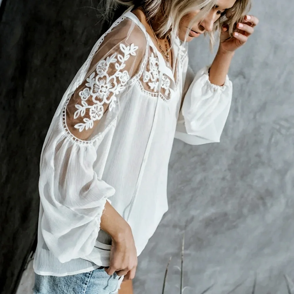 NEW Boho Embroidered Sheer Bishop Sleeve Gypsy Top Off White